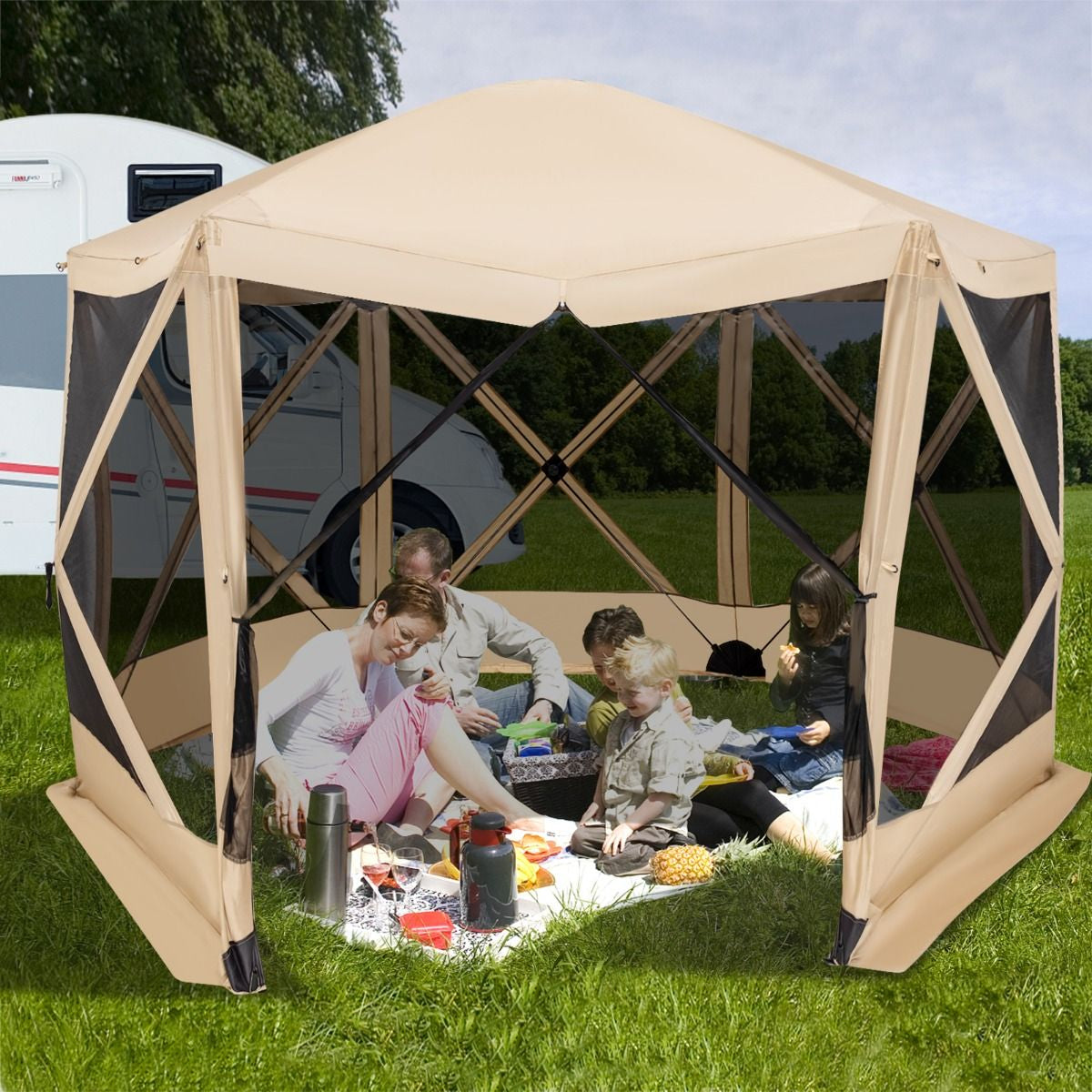 6-Sided Camping Gazebo Instant Setup Hub Tent